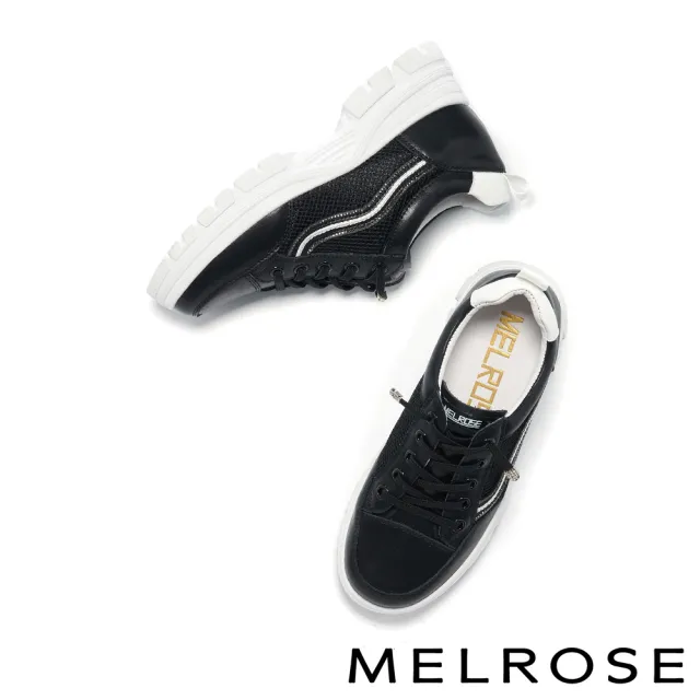【MELROSE】美樂斯 潮流魅力水鑽網布拼接牛皮厚底休閒鞋(黑)