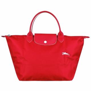 【LONGCHAMP】刺繡LOGO撞色設計尼龍短提把拉鍊摺疊手提包(中/烈焰紅x白)