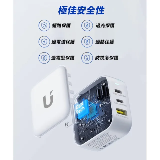 【UKKO】GaN III 65W 氮化鎵急速充電器-白(GaN USB-C/USB 2C1A PD快充)