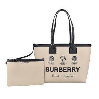 【BURBERRY 巴寶莉】BURBERRY LONDON 經典字母LOGO圓形地球花紋棉質滾邊小牛皮肩背子母托特包(小/米)