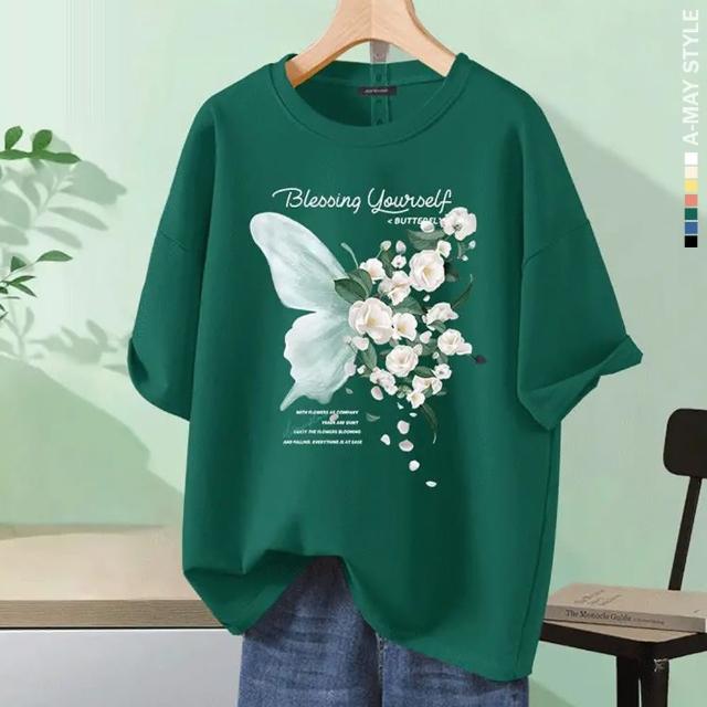 【Amay Style 艾美時尚】中大尺碼 情侶T恤 蝴蝶花卉休閒純棉上衣。M-5XL(7色.現貨+預購)