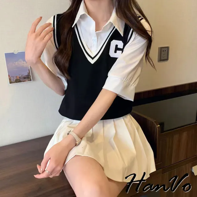 【HanVo】現貨 學院風假兩件字母C拼接襯衫(氣質舒適修身顯瘦針織上衣 韓國女裝 女生衣著 A01-0080)