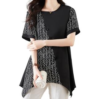 【麗質達人】6313黑色印花假二件上衣-AA(L-5XL)