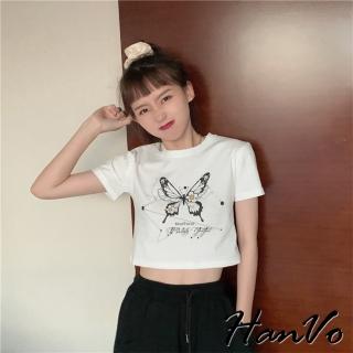【HanVo】現貨 花花蝴蝶短版上衣(韓系休閒短版露肚短版T 韓國女裝 女生衣著 A01-0083)