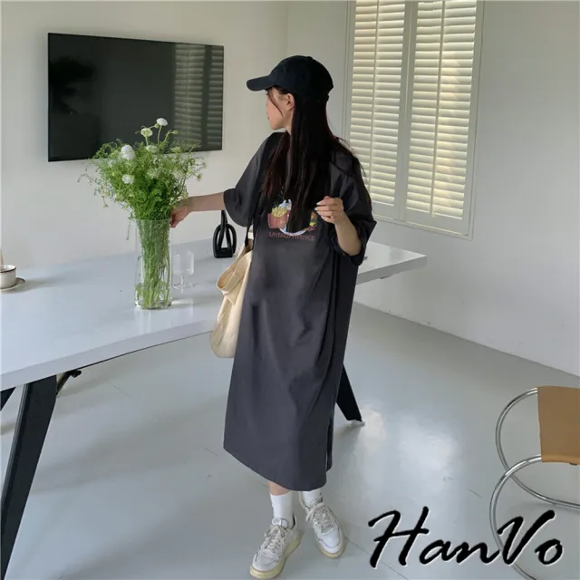 【HanVo】現貨 FAST FOOD印花休閒連身裙(韓版休閒寬鬆顯瘦連衣裙 舒適棉料 韓系女裝 女生衣著 A06-3661)