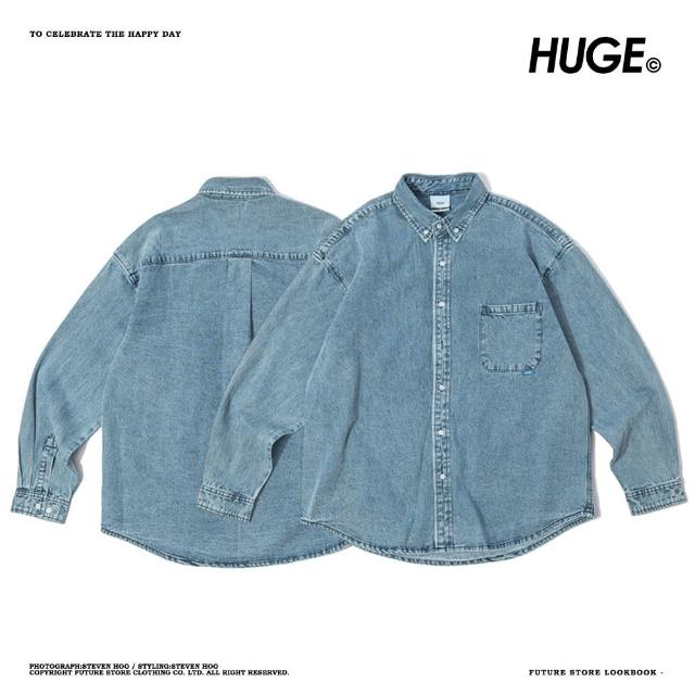 【HUGE】現貨會直出-HUGE 自有品牌 水洗 厚磅牛仔布 寬鬆牛仔襯衫(水洗 厚磅牛仔布 寬鬆牛仔 襯衫)