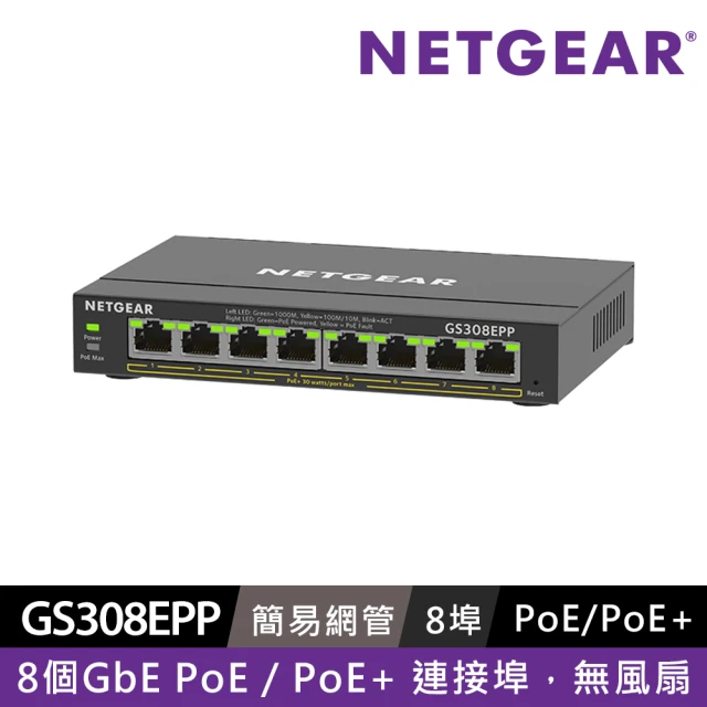 NETGEAR 8埠 Gigabit 123W PoE供電 簡易網管 金屬殼 網路交換器(GS308EPP)