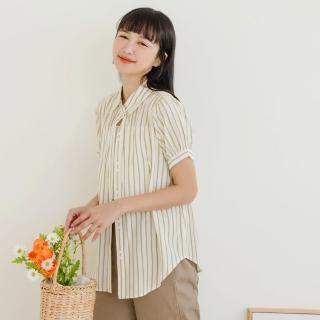 【OB 嚴選】直條紋拋袖長版襯衫上衣 《AB18863》