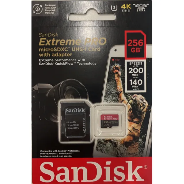 【SanDisk 晟碟】256GB microSDXC Extreme Pro 200MB/s UHS U3 4K V30 A2記憶卡