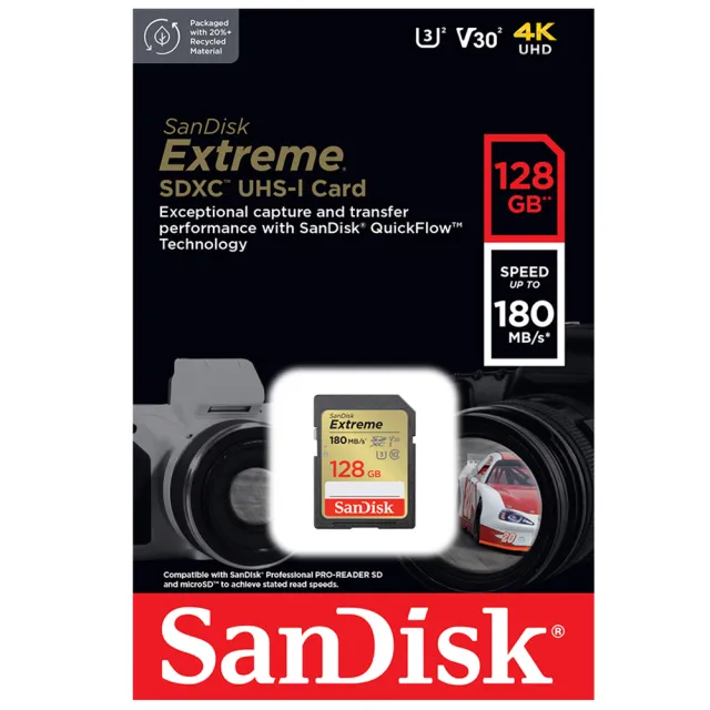 【SanDisk 晟碟】128GB SDXC Extreme 180MB/s 4K U3 V30 C10 相機記憶卡
