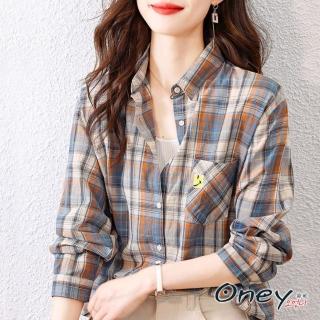 【ONEY 歐妮】★長袖百搭復古格子襯衫(翻領/長袖/撞色)