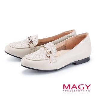 【MAGY】馬銜扣毛呢布拼接牛皮樂福平底鞋(米色)