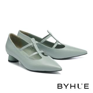 【BYHUE】氣質純色魚骨繫帶羊皮軟芯尖頭低跟鞋(綠)