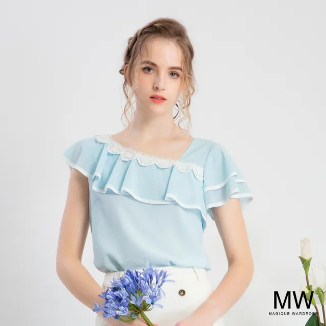 【MAGIQUE WARDROBE】雪紡斜肩撞色波浪荷葉上衣(2色)
