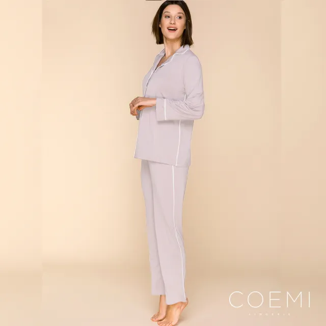 【COEMI】兩件式長袖開釦睡衣 居家服 長袖套裝 女睡衣(淺芋-231C031)