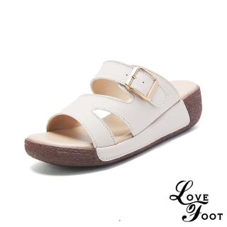 【LOVE FOOT 樂芙】真皮拖鞋 厚底拖鞋/真皮百搭Z字皮帶釦造型厚底拖鞋(米)