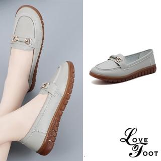 【LOVE FOOT 樂芙】真皮樂福鞋/真皮百搭時尚釦飾造型休閒樂福鞋(灰)