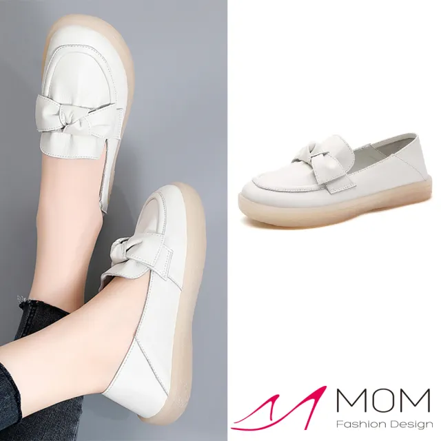 【MOM】真皮樂福鞋 蝴蝶結樂福鞋/真皮甜美蝴蝶結造型小圓頭休閒樂福鞋(米)