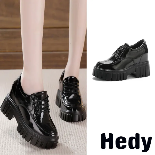 【Hedy】厚底休閒鞋 粗跟休閒鞋/個性漆皮潮流厚底粗跟繫帶休閒鞋(黑)