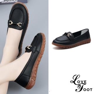 【LOVE FOOT 樂芙】真皮樂福鞋/真皮百搭時尚釦飾造型休閒樂福鞋(黑)