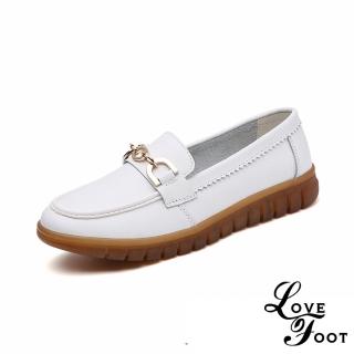 【LOVE FOOT 樂芙】真皮樂福鞋/真皮金屬釦造型軟底舒適休閒樂福鞋(白)