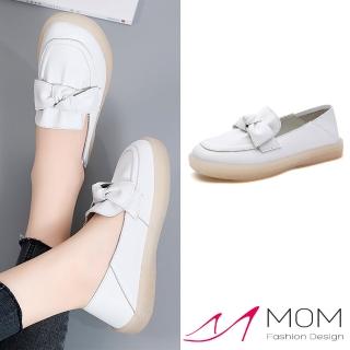 【MOM】真皮樂福鞋 蝴蝶結樂福鞋/真皮甜美蝴蝶結造型小圓頭休閒樂福鞋(白)