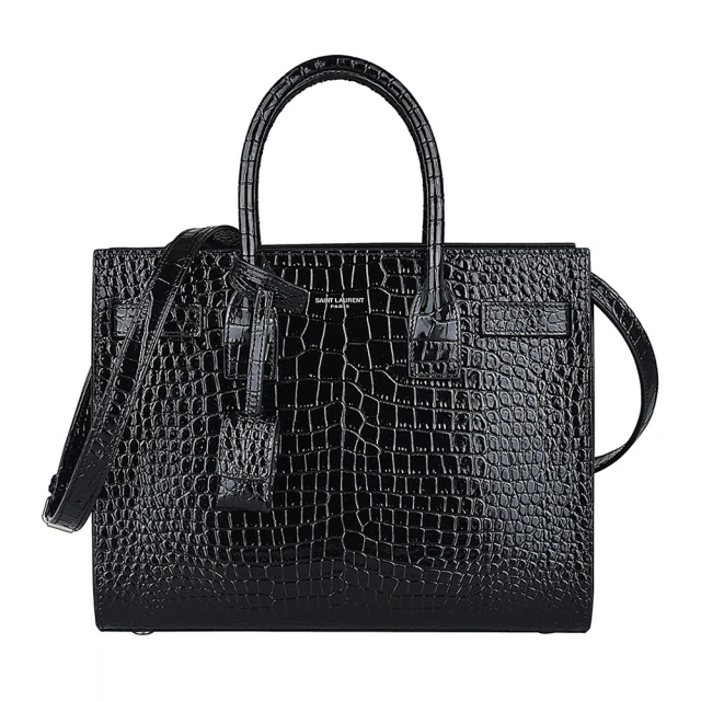 YSL YSL SAINT LAURENT SAC DE JOUR經典LOGO鱷魚紋牛皮開口式手風琴手提斜背包(展示品/黑)