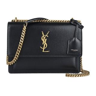 【YSL】YSL SAINT LAURENT SUNSET 金屬LOGO牛皮翻蓋釦式鏈帶肩背斜背包(黑)