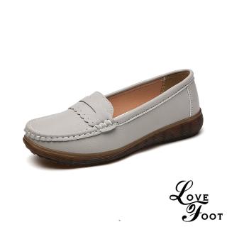 【LOVE FOOT 樂芙】真皮休閒鞋 一字休閒鞋/真皮百搭花邊一字造型樂福休閒鞋(灰)