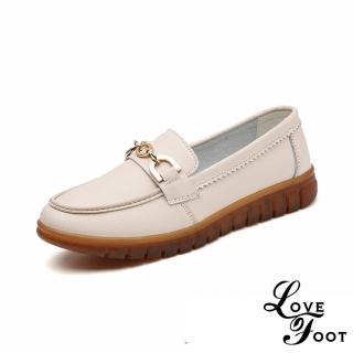 【LOVE FOOT 樂芙】真皮樂福鞋/真皮金屬釦造型軟底舒適休閒樂福鞋(米)