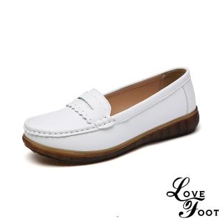 【LOVE FOOT 樂芙】真皮休閒鞋 一字休閒鞋/真皮百搭花邊一字造型樂福休閒鞋(白)