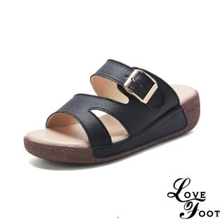 【LOVE FOOT 樂芙】真皮拖鞋 厚底拖鞋/真皮百搭Z字皮帶釦造型厚底拖鞋(黑)
