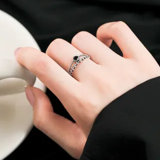 【SUMMER一夏】韓國設計S925純銀復古雙層麥穗圓形黑鋯石輕奢開口戒指食指潮流戒指(甜酷風)