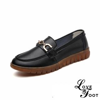 【LOVE FOOT 樂芙】真皮樂福鞋/真皮金屬釦造型軟底舒適休閒樂福鞋(黑)
