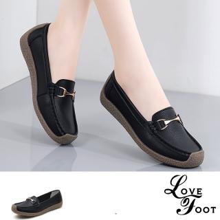 【LOVE FOOT 樂芙】真皮樂福鞋/真皮經典釦飾百搭軟底休閒樂福鞋(黑)