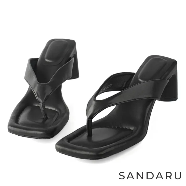 【SANDARU 山打努】拖鞋 斜方頭人字夾腳扁跟拖鞋(黑)
