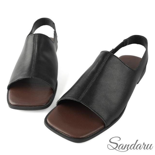 【SANDARU 山打努】涼鞋 方頭露趾後拉軟底平底涼鞋(黑)