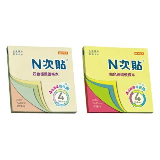 【N次貼】四色循環便條本 76x76mm 四色、螢光四色-黃/粉紅/藍/綠 100張 / 本 61164、61165