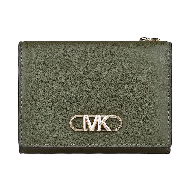 【Michael Kors】MK MICHAEL KORS PARKER金屬字母LOGO滑面牛皮4卡釦式三折短夾(橄欖綠)