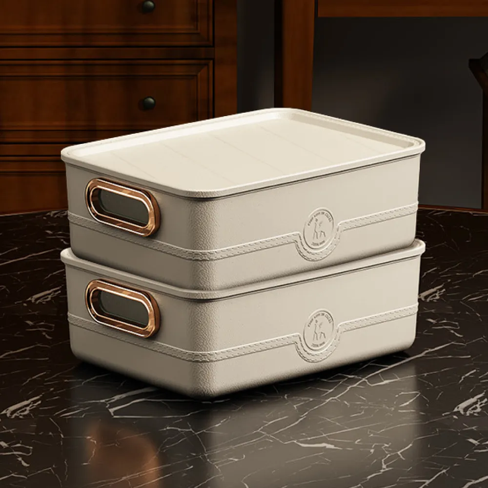 【ONE HOUSE】卡洛皮革紋可堆疊收納盒-5L 中號矮款-帶蓋 S(2入)