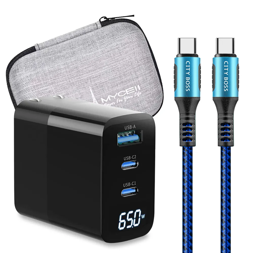 【MYCELL】65W氮化鎵GDK55T 黑色+勇固線耐彎折編織線Type-C to Type-C-300cm