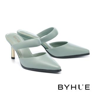 【BYHUE】簡約優雅澎澎一字帶羊皮軟芯尖頭高跟穆勒拖鞋(綠)