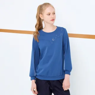 【MYVEGA 麥雪爾】MA棉質亮片點綴蕾絲配布袖下擺束口上衣-藍