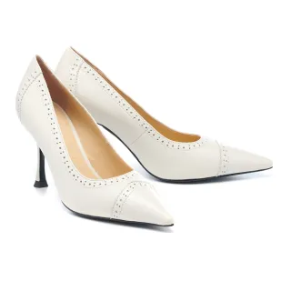 【HELENE_SPARK】典雅氣質沖孔羊皮尖頭美型高跟鞋(米)