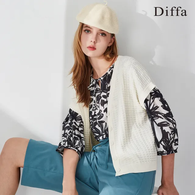 【Diffa】黑白花拉克蘭袖綁帶上衣-女