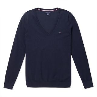 【Tommy Hilfiger】TOMMY 經典V領刺繡Logo毛衣 上衣-女-深藍色(平輸品/舒適百搭)