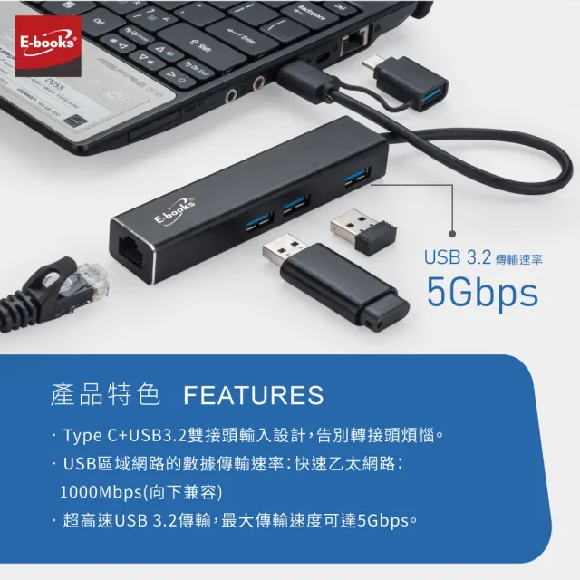 【E-books】H20 鋁製RJ45千兆高速網卡+3孔USB 3.2集線器+Type C雙接頭