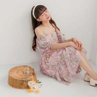 【OB 嚴選】小V臉桃心領平口印花荷葉造型收腰短洋裝 《DA9348》