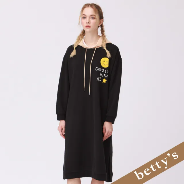 【betty’s 貝蒂思】短絨毛撞色休閒連帽洋裝(黑色)