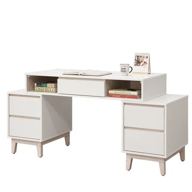 【AT HOME】書桌椅組-4尺灰白色伸縮五抽收納書桌/電腦桌/工作桌+升降椅 現代簡約(紀凡熙)
